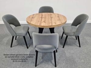 Modern étkező garnitúra 4 személyes kerek asztal bővíthető 6 8 személyekre fekete színű asztal láb sonoma tölgy asztallap fekete szürke Bársony székkel