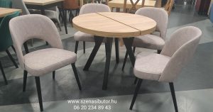 Modern étkező garnitúra. Modern kárpitozott barna Bársony étkezőszék. Modern kerekasztal sonoma tölgy fekete asztallábbal.