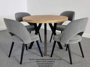 Modern étkező garnitúra 4 személyes kerek asztal bővíthető 6 8 személyekre fekete színű asztal láb sonoma tölgy asztallap fekete szürke Bársony székkel