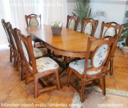 Vió étkező garnitúra München asztallal antik cseresznye színben B11 szövettel. Ebédlő asztal 8db székkel. 8 személyes étkező garnitúra asztal székkel.
