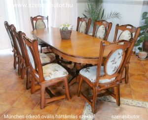 Vió étkező garnitúra München asztallal antik cseresznye színben B11 szövettel. Ebédlő asztal 8db székkel. 8 személyes étkező garnitúra asztal székkel.