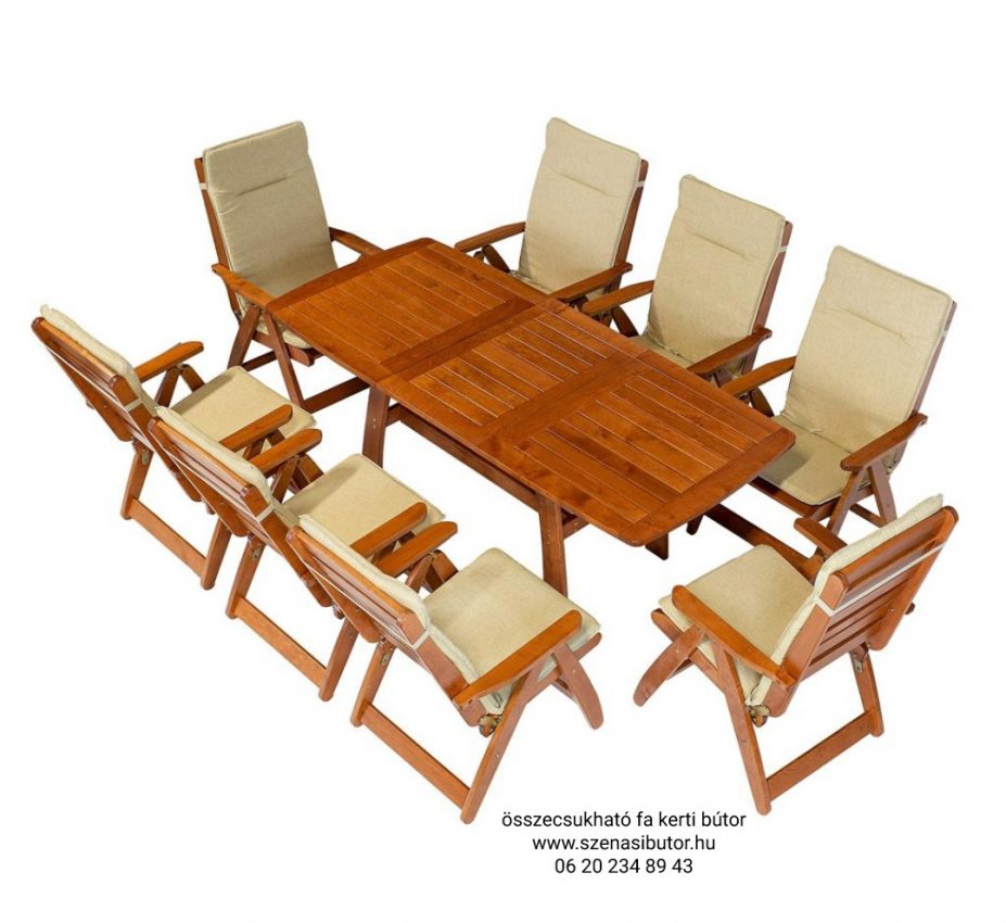 Összecsukható fa kerti bútor 6 személyes asztal bővíthető 8 személyesre 8db ponton állítható székekkel.