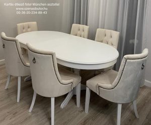 Modern desing karos étkező fotel szürke Bársony szövettel fehér München Európa ovális bővíthető étkező asztallal, masa 6 scau
